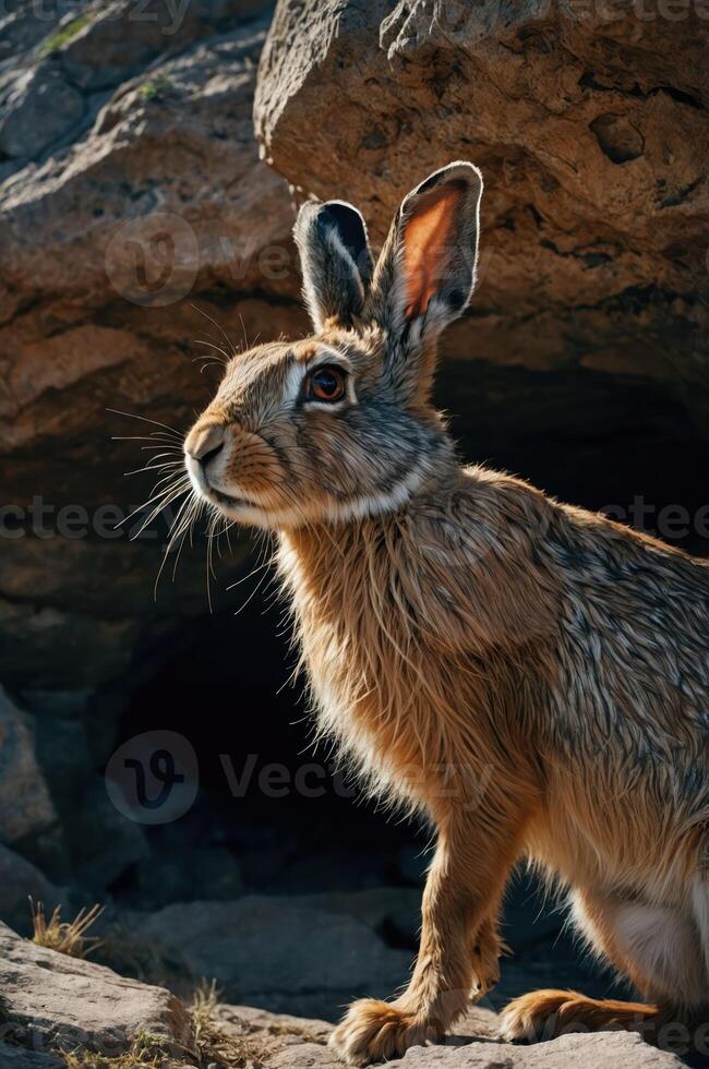 A close-up of a hare standing near a rocky cave, showcasing its features and natural habitat. photo