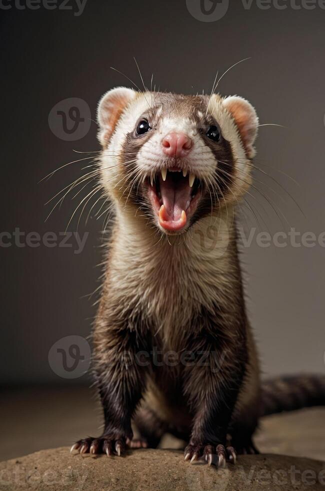 A close-up of a ferret with its mouth open, showcasing its playful and curious nature. photo
