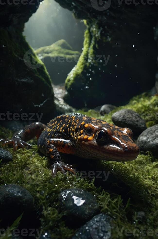 A close-up of a vibrant amphibian in a mossy, rocky environment with soft lighting. photo