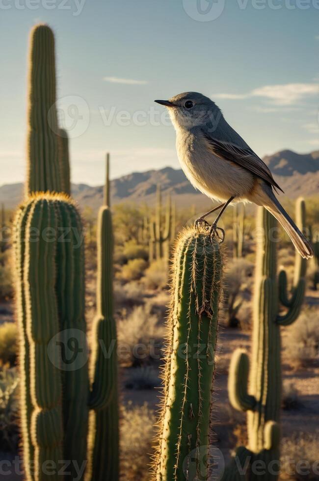 A bird perched on a cactus in a desert landscape during golden hour. photo