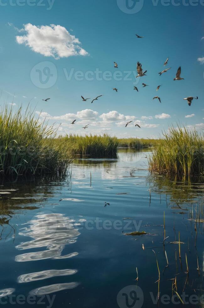 A serene waterway with birds flying above and lush grass along the banks under a blue sky. photo