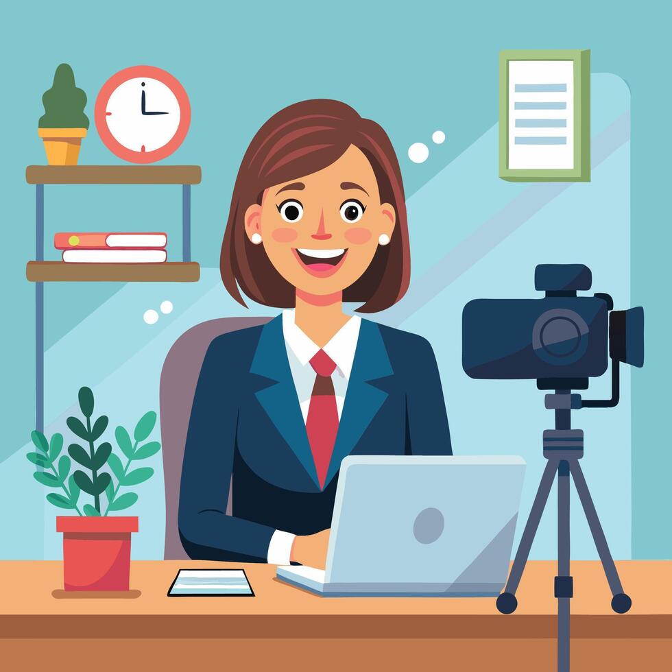 businesswoman sitting at desk with laptop and camera vector