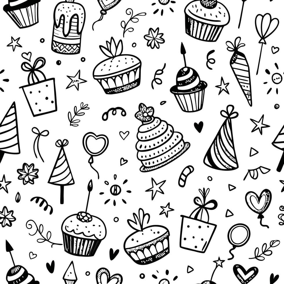 seamless pattern with cupcakes, balloons and other items vector