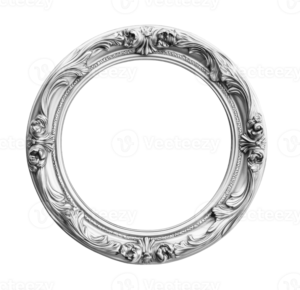 Silver oval baroque round frame isolated on transparent background png
