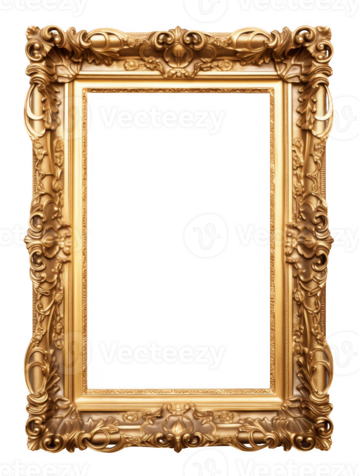 Golden ornate vintage frame with transparent background isolating picture baroque png