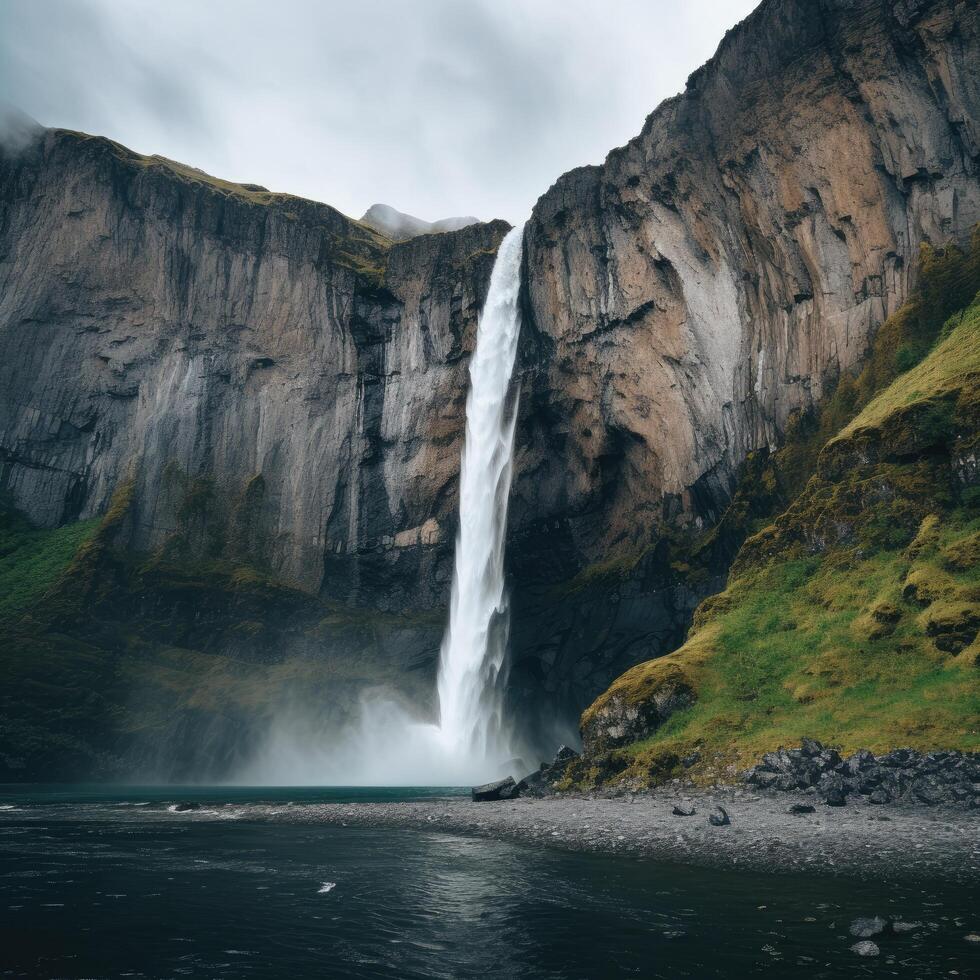 Majestic waterfall cascading down rugged cliffs photo
