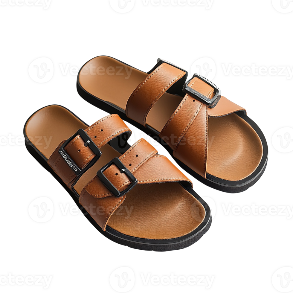 Brown Leather Sandals with Black Buckles png