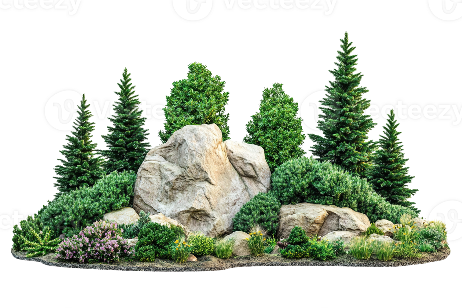 Lush Natural Landscape with Rocks and Greenery png