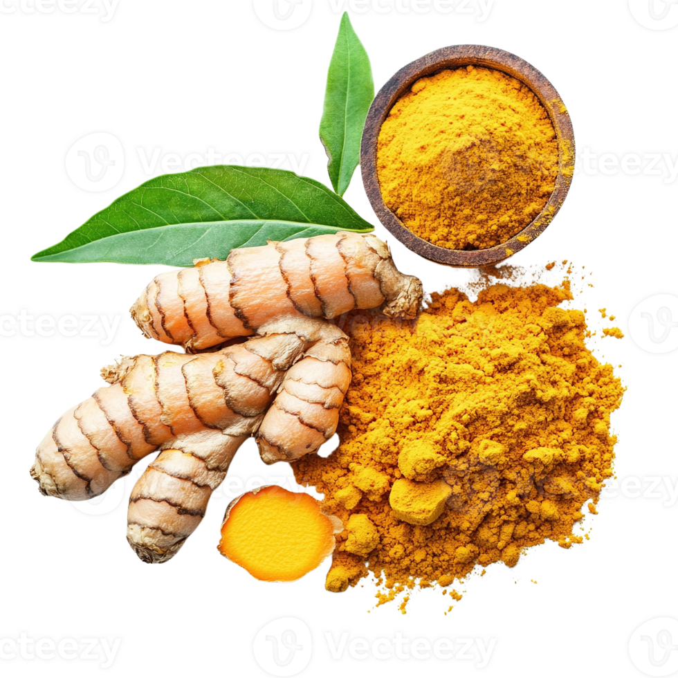 Fresh Turmeric Roots and Powder with Leaves png