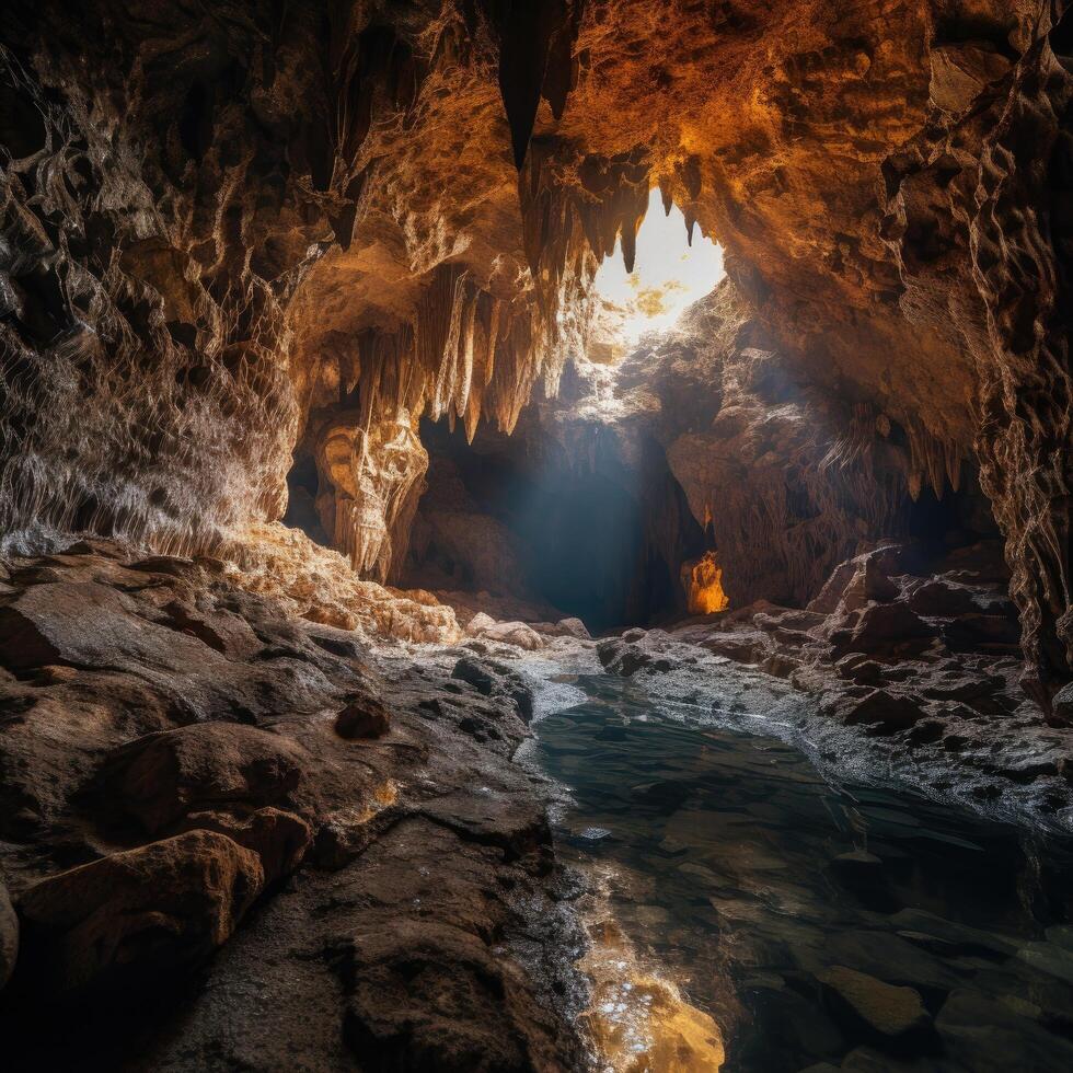 Majestic underground cave with glowing light photo