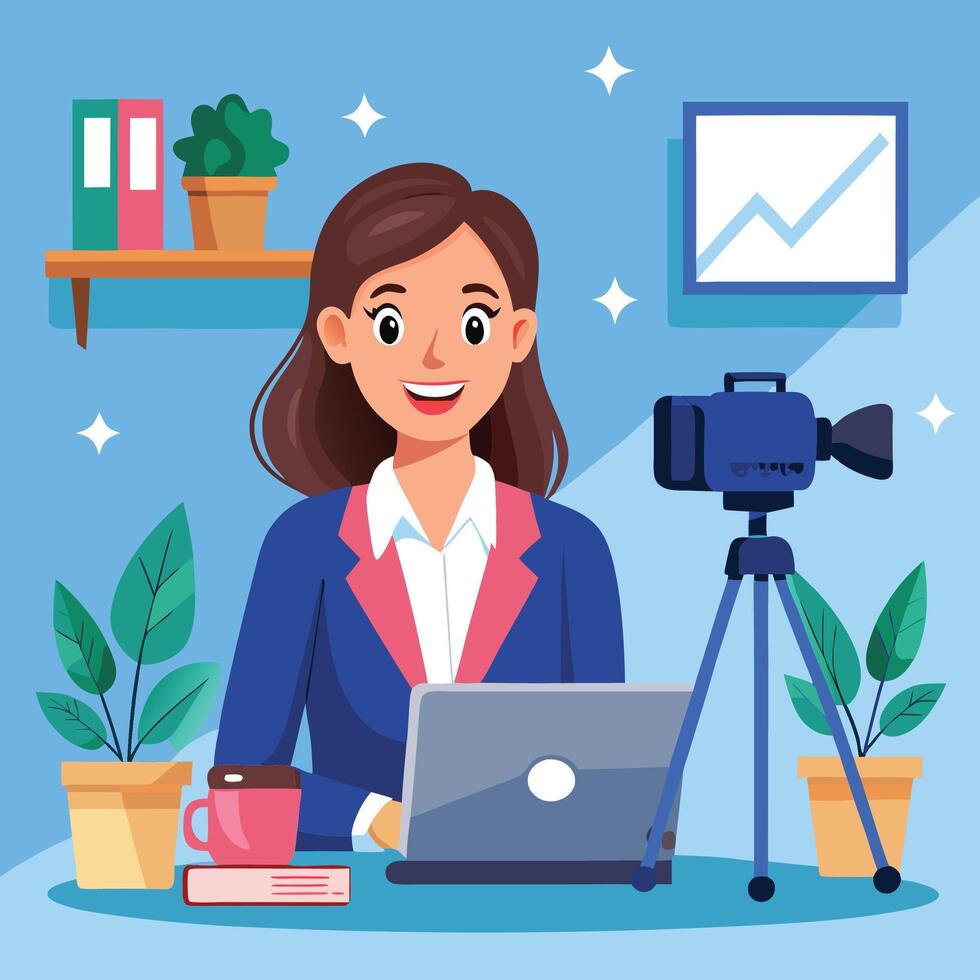 a woman in a suit is sitting at a desk with a laptop and camera vector