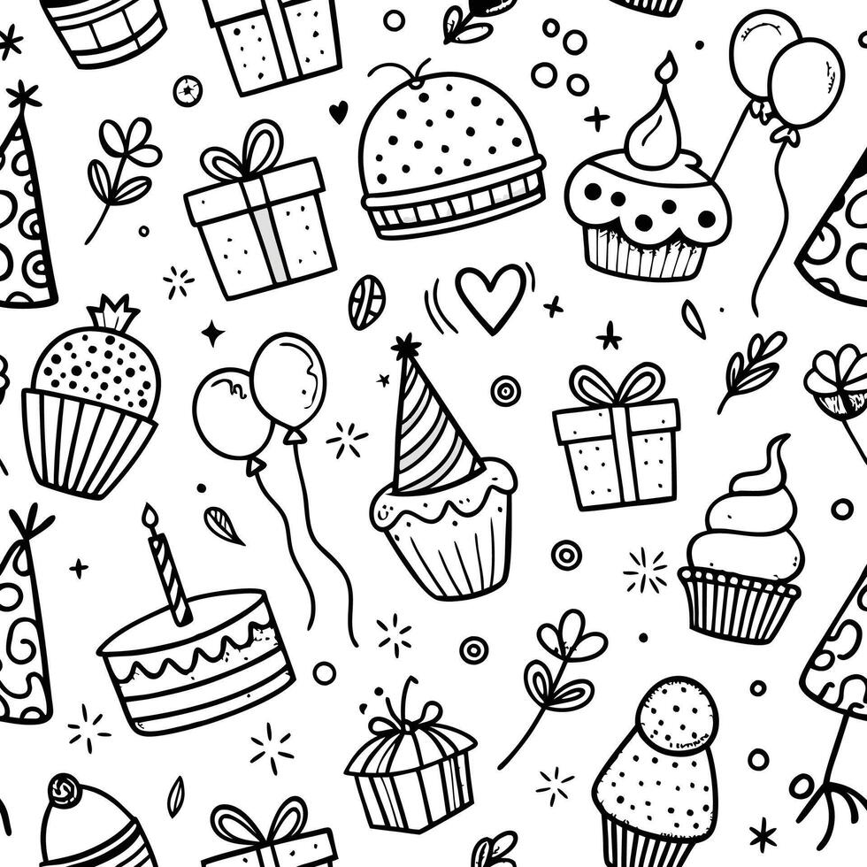 seamless birthday party pattern with cupcakes, balloons and other items vector