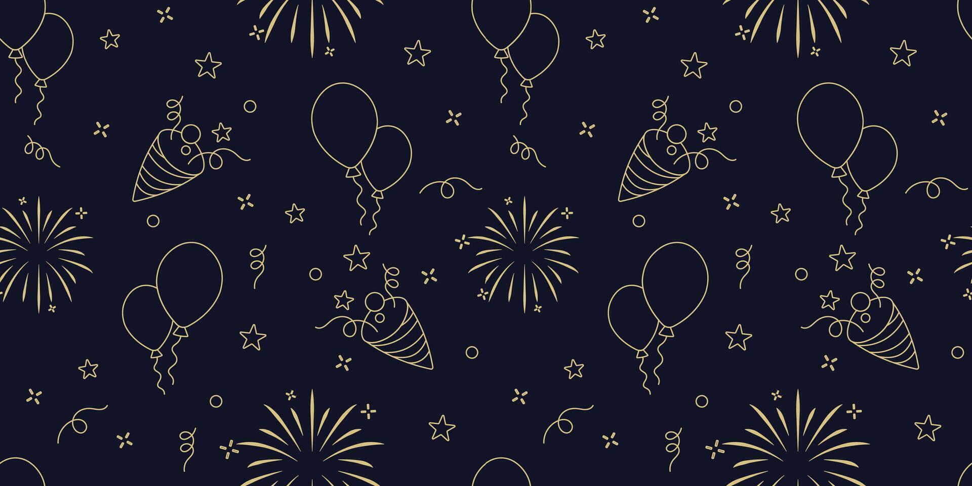 Fireworks Balloons and New Years Hat in Seamless Pattern New Year's Eve vector