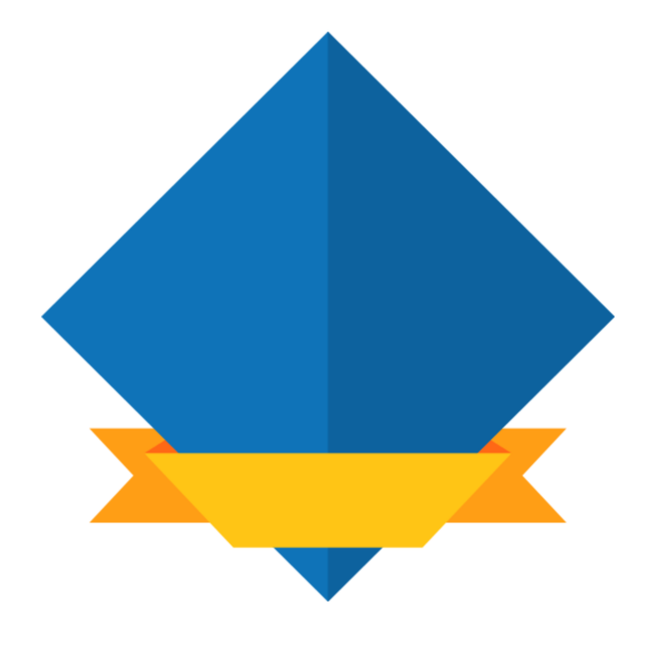 A blue and yellow logo with a ribbon png