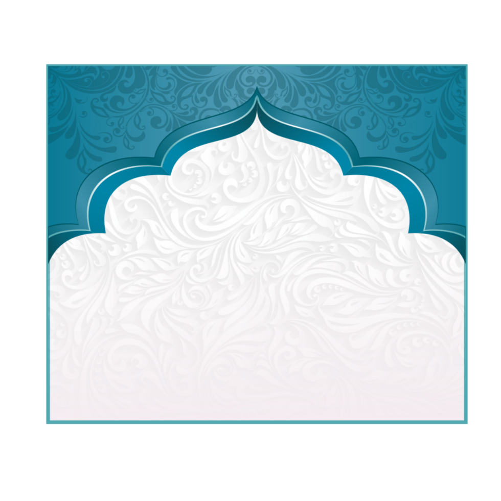 An islamic card with a blue background and white design png