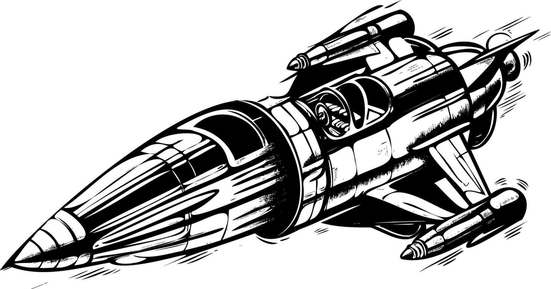 Retro Science Fiction Rocket Ship Illustration in Black and White vector