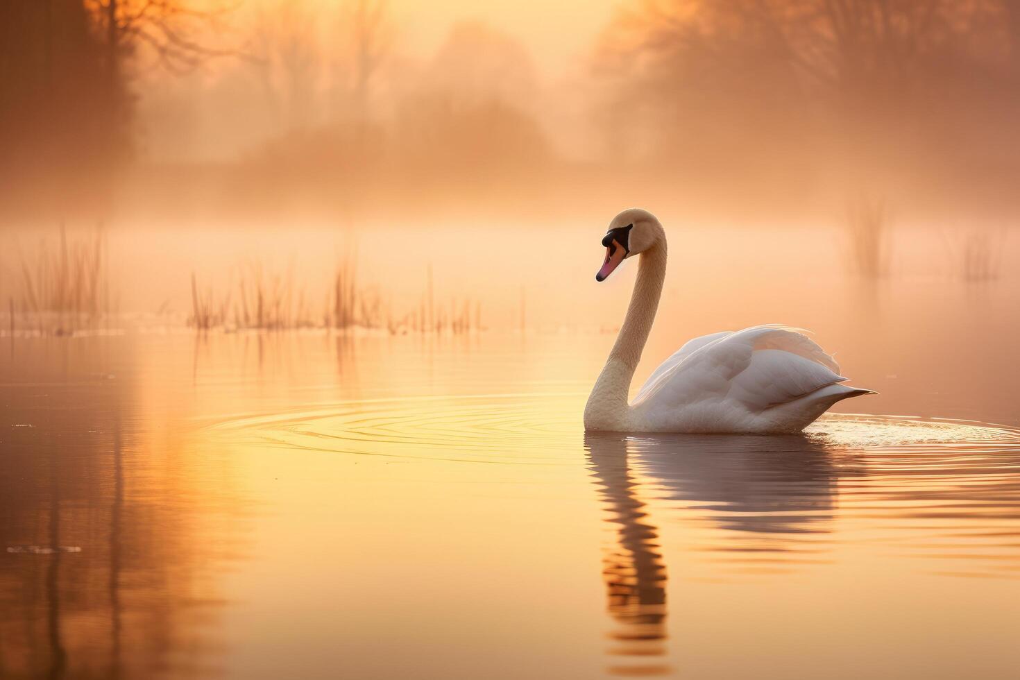 Serene swan swimming in golden sunset lake photo