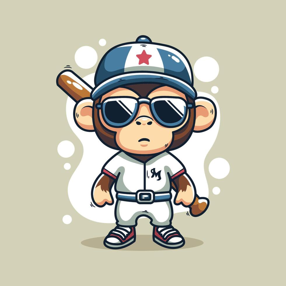 Cute Monkey Baseball Mascot Character Design Illustration. vector