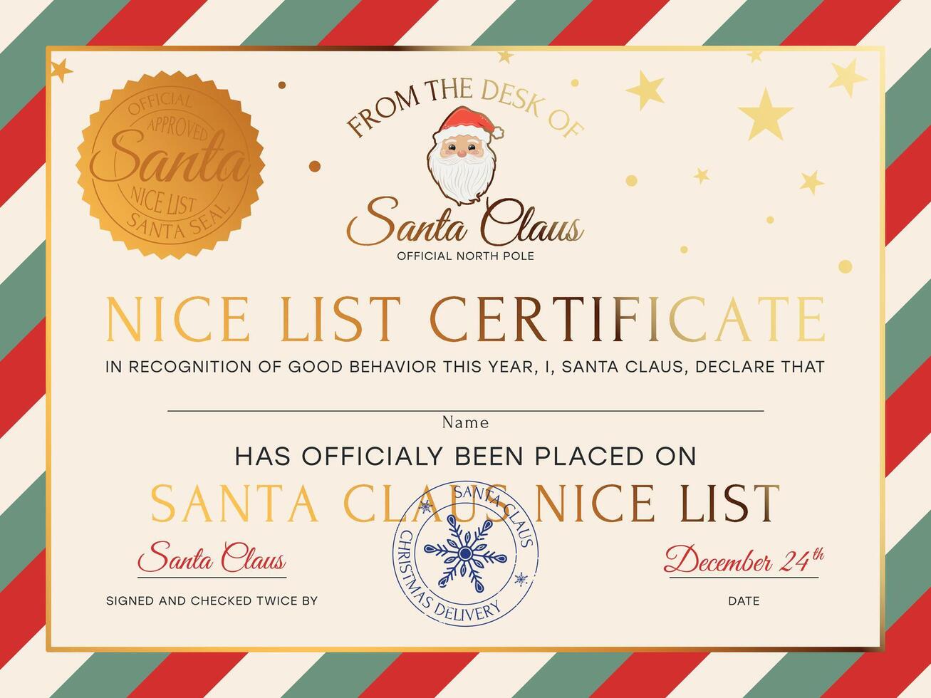 New Year Official Nice List Certificate, Letter From The Desk Of Santa, North Pole Mail With Golden Elements, Official Santa Seal vector