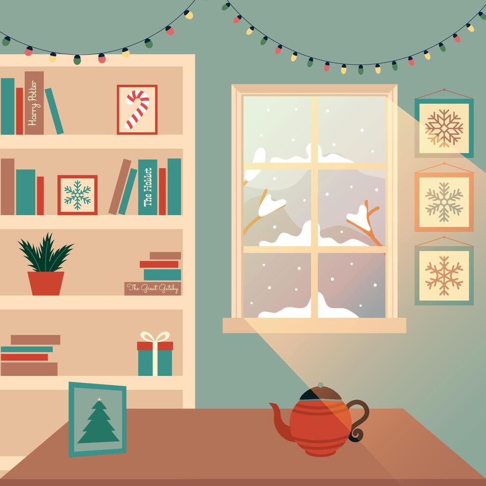 winter room composition, a room with a window, sunlight, books, pictures, teapot, snowflakes vector