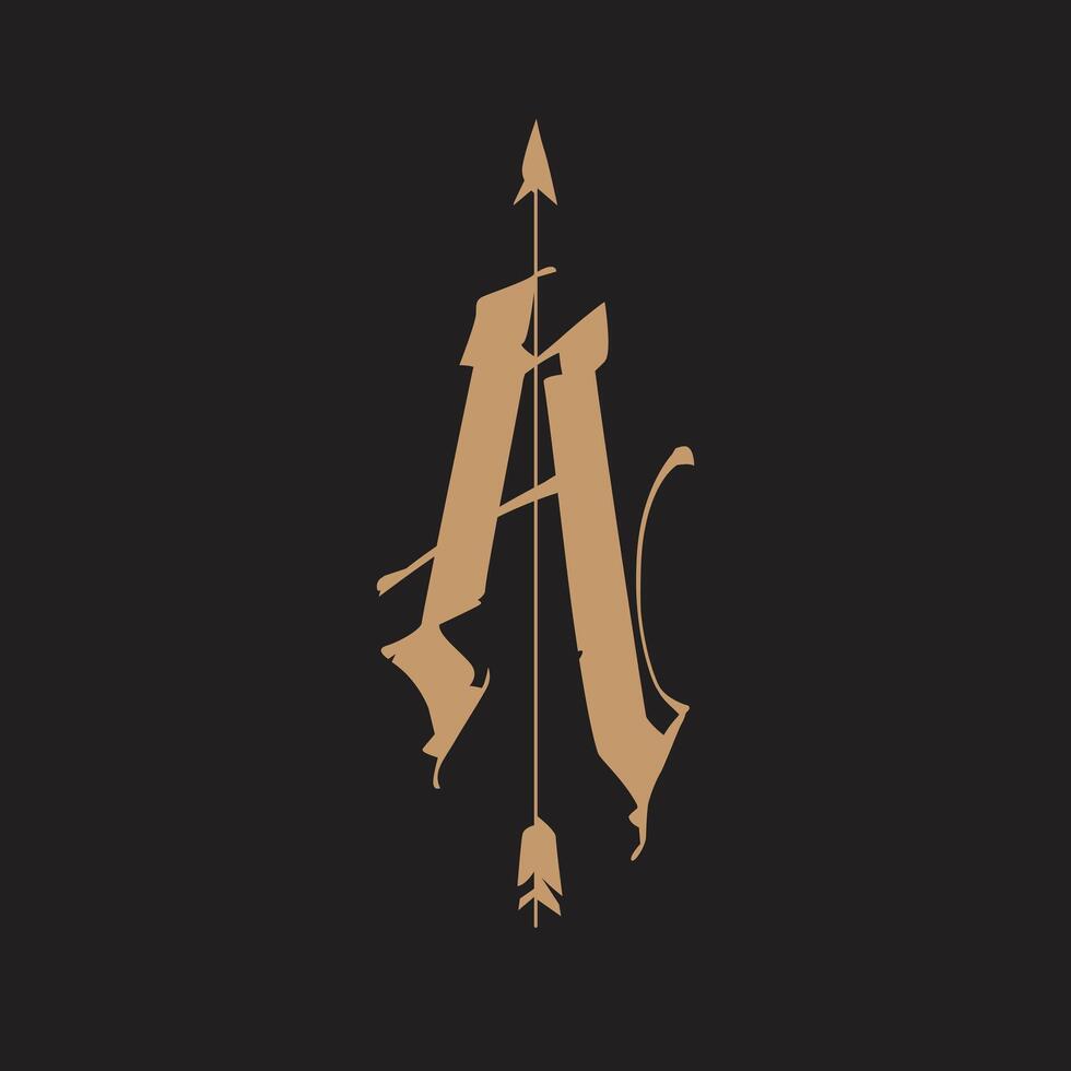 Letter in the Gothic style. Alphabet. The symbol is isolated on a golden background. Calligraphy and lettering. Medieval Latin letter. Logo for the company. Monogram. vector