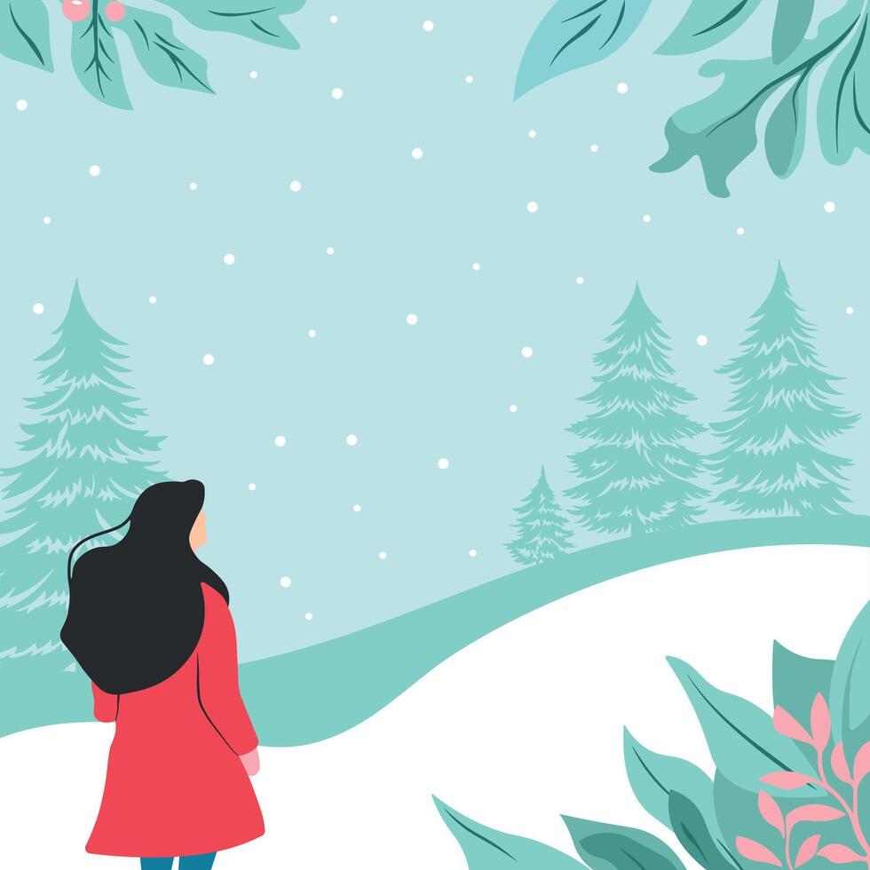 woman in a red coat walks through the winter forest vector