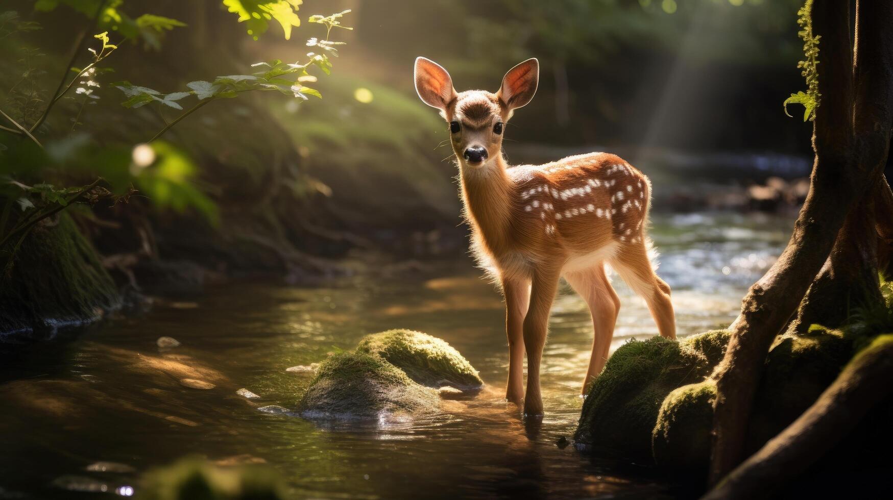 Adorable fawn standing in forest stream photo