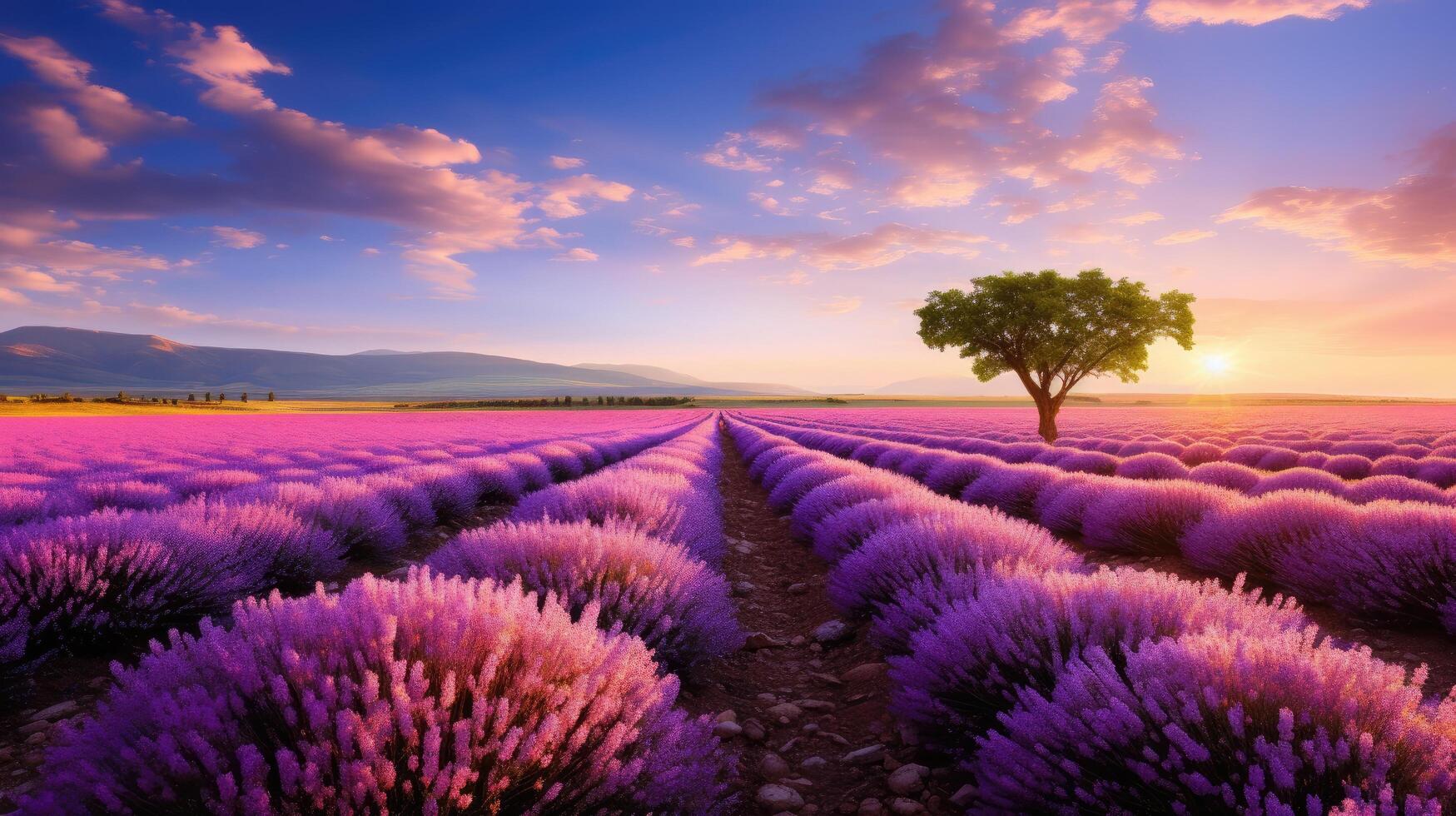 Vibrant Lavender Fields at Sunset photo