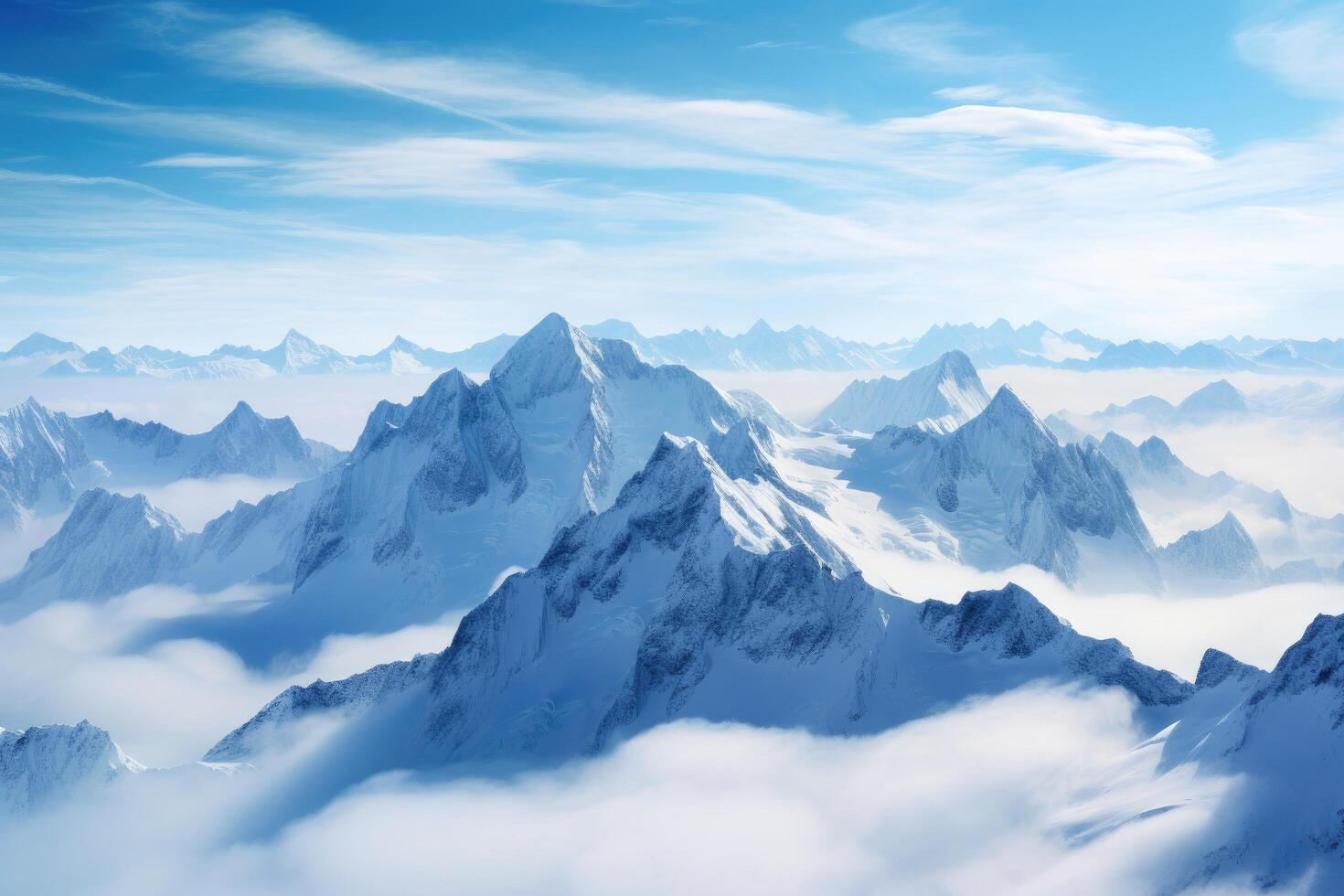 Majestic snow capped mountain peaks in the clouds photo