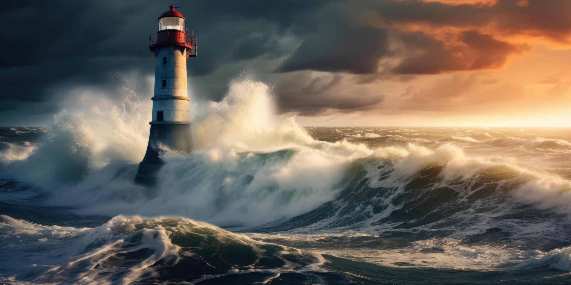 Dramatic lighthouse in stormy ocean landscape photo