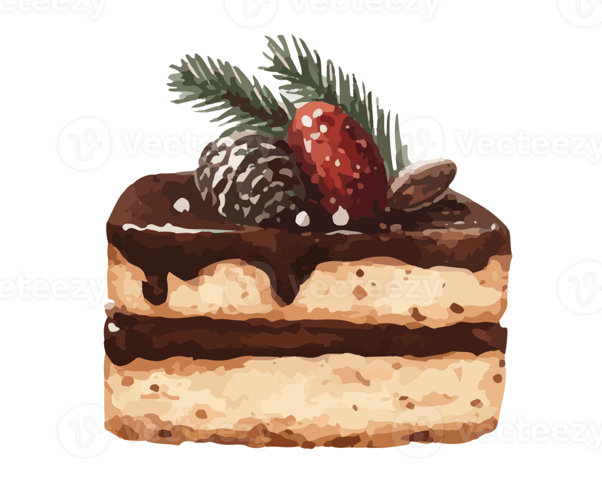 cute watercolor slice of chocolat cake illustration with ribbon christmas baking transparent clipart digital sticker png