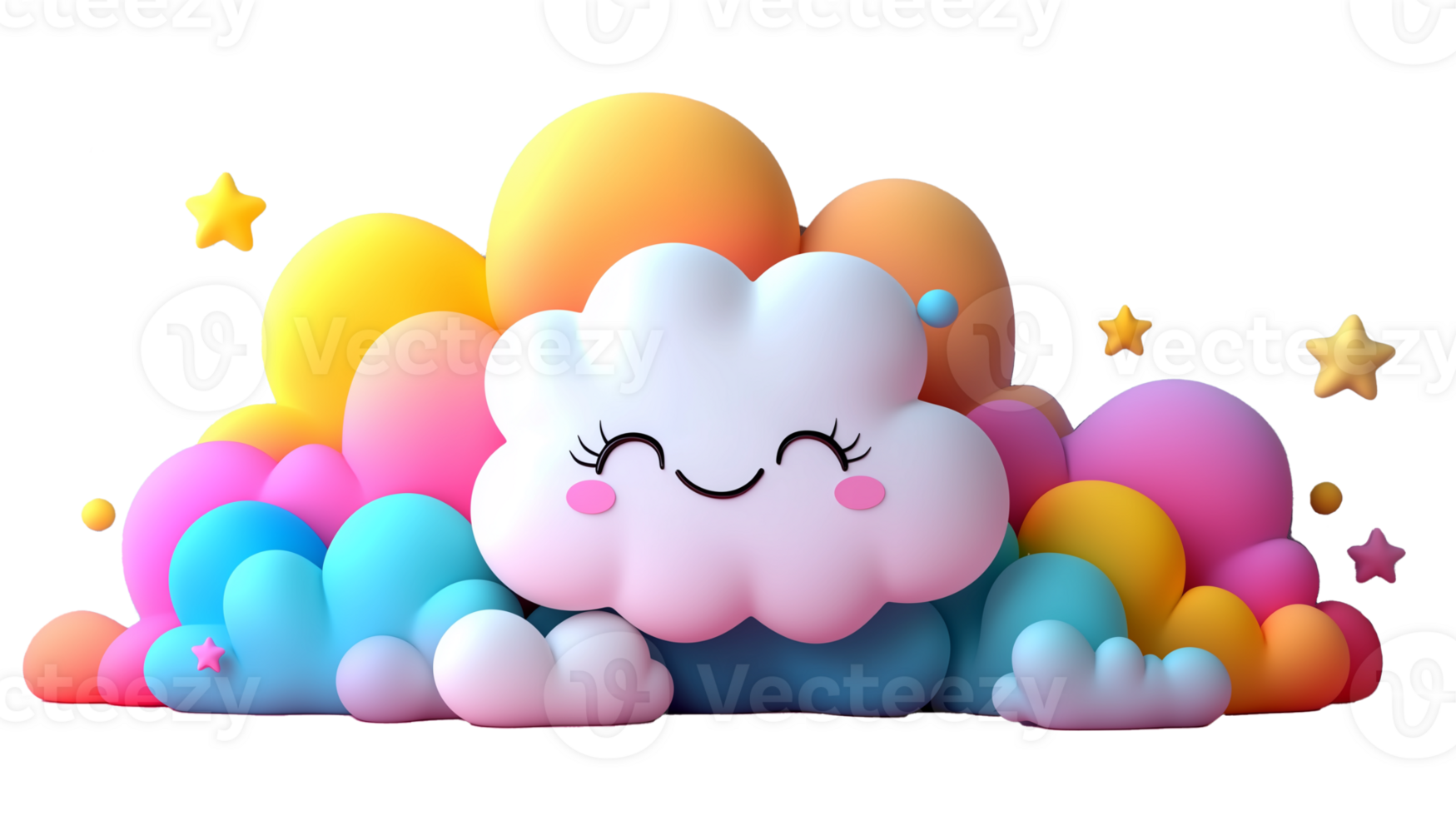 3d cute cartoon sky full of fluffy pastel colorful kawai cloud moon and stars smiling transparent clipart png