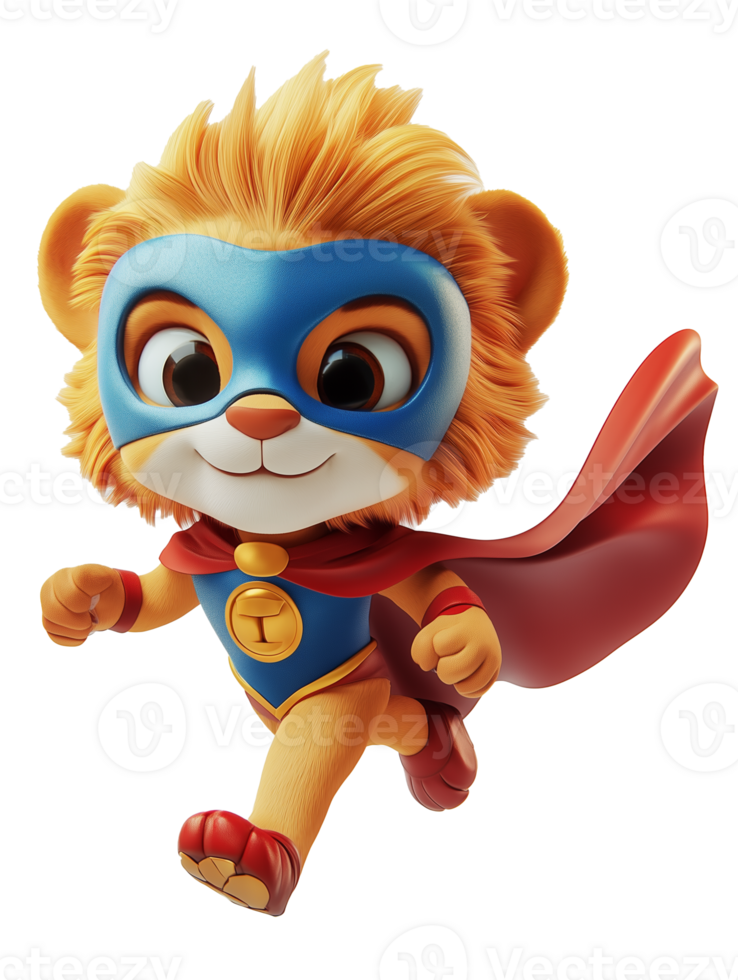 3d cute cartoon character lion superhero in blue and red costume wearing mask kids children png