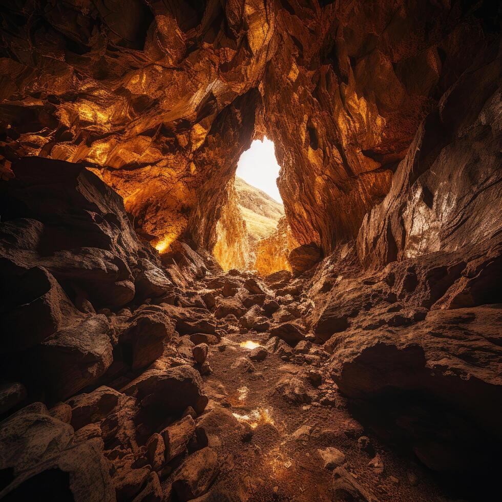 Dramatic cave interior with glowing light photo