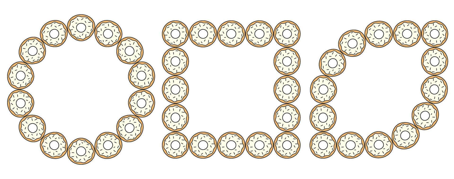 Set of donuts frame with white icing and sprinkles on a white background. vector