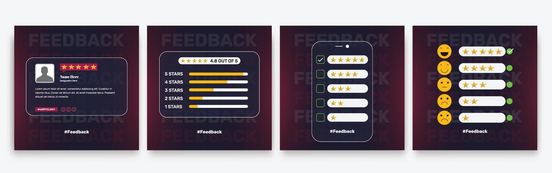 Client or customer service review feedback with star rating testimonial social media post. vector