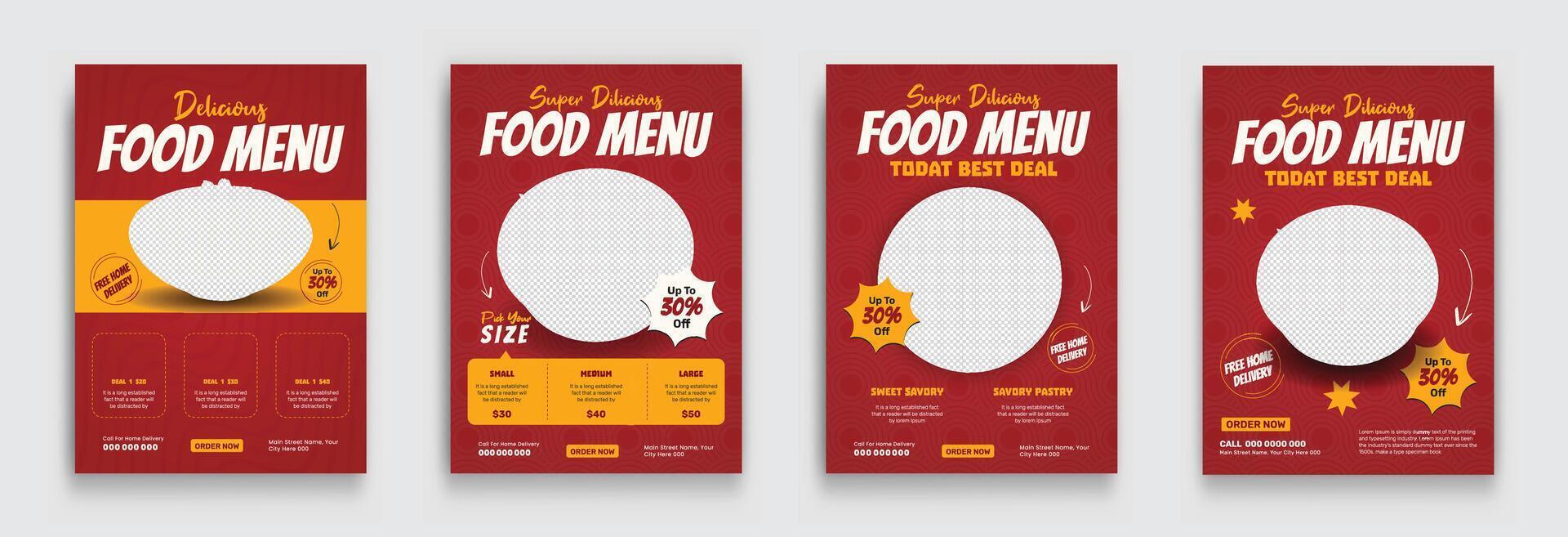 Fast food restaurant business marketing flyer template design with logo and icon. Fast Food, Fresh pizza, burger, pasta sale promotion flyer vector