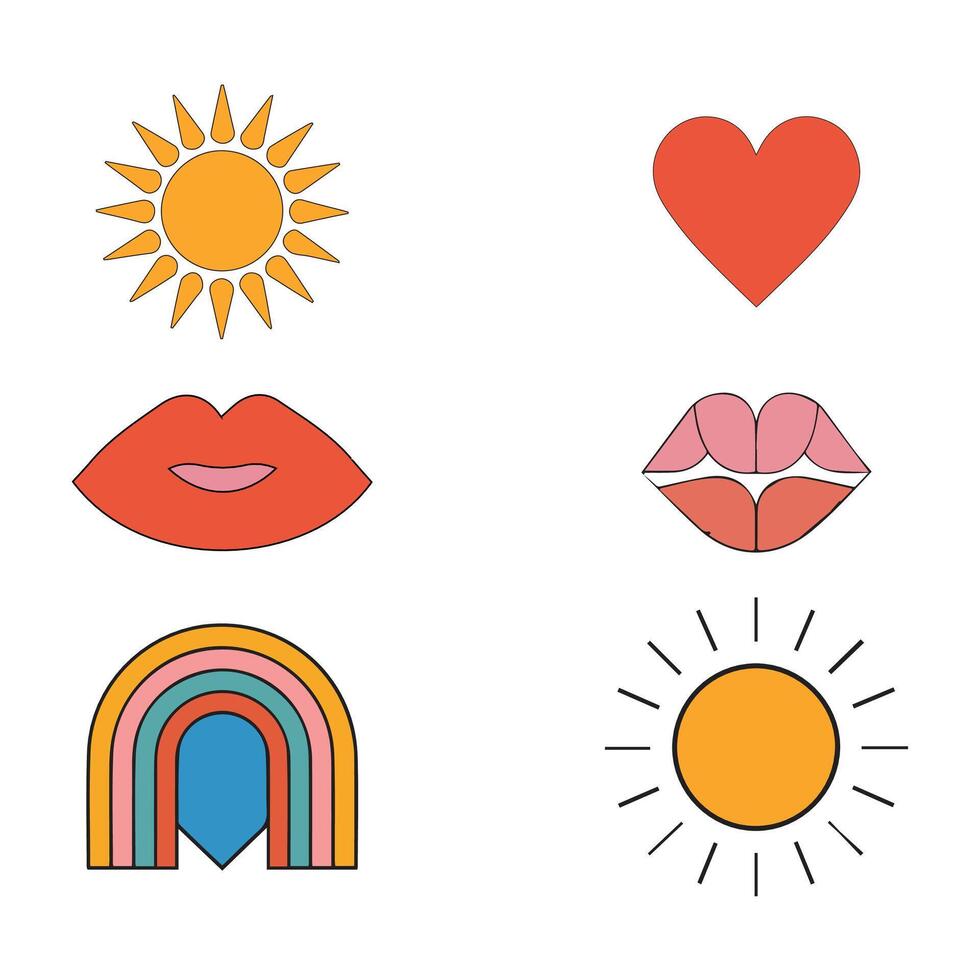 Sun, lips, heart, rainbow and sun icon set vector