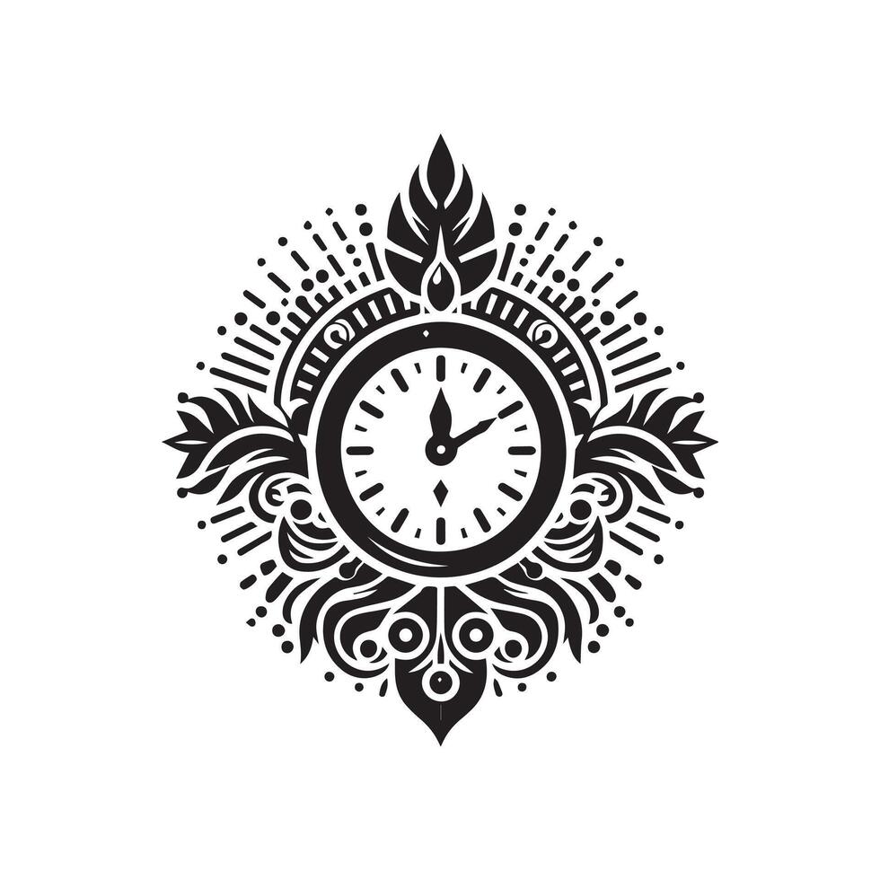 A black and white clock with ornamental design vector