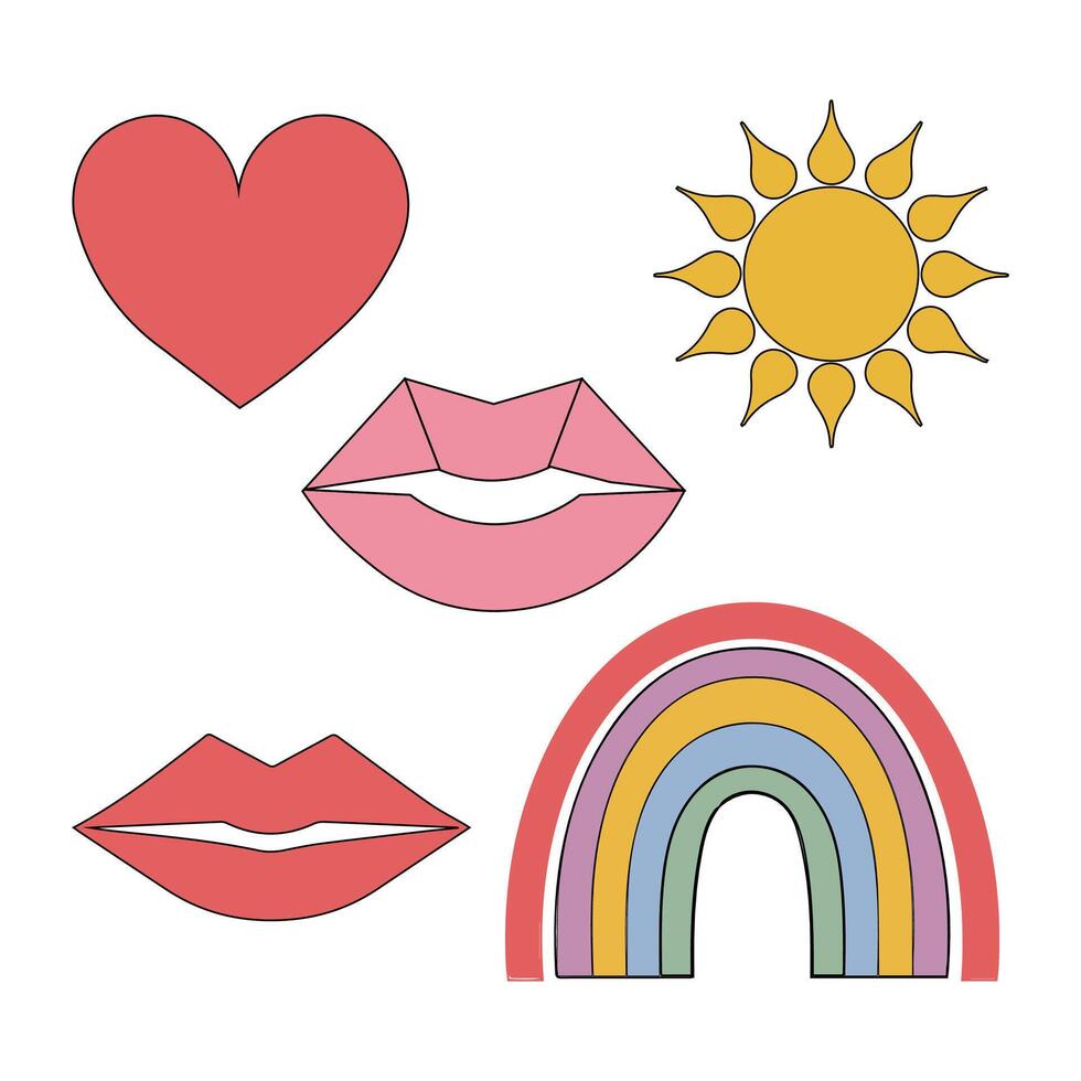 A set of lips, sun, and rainbow vector