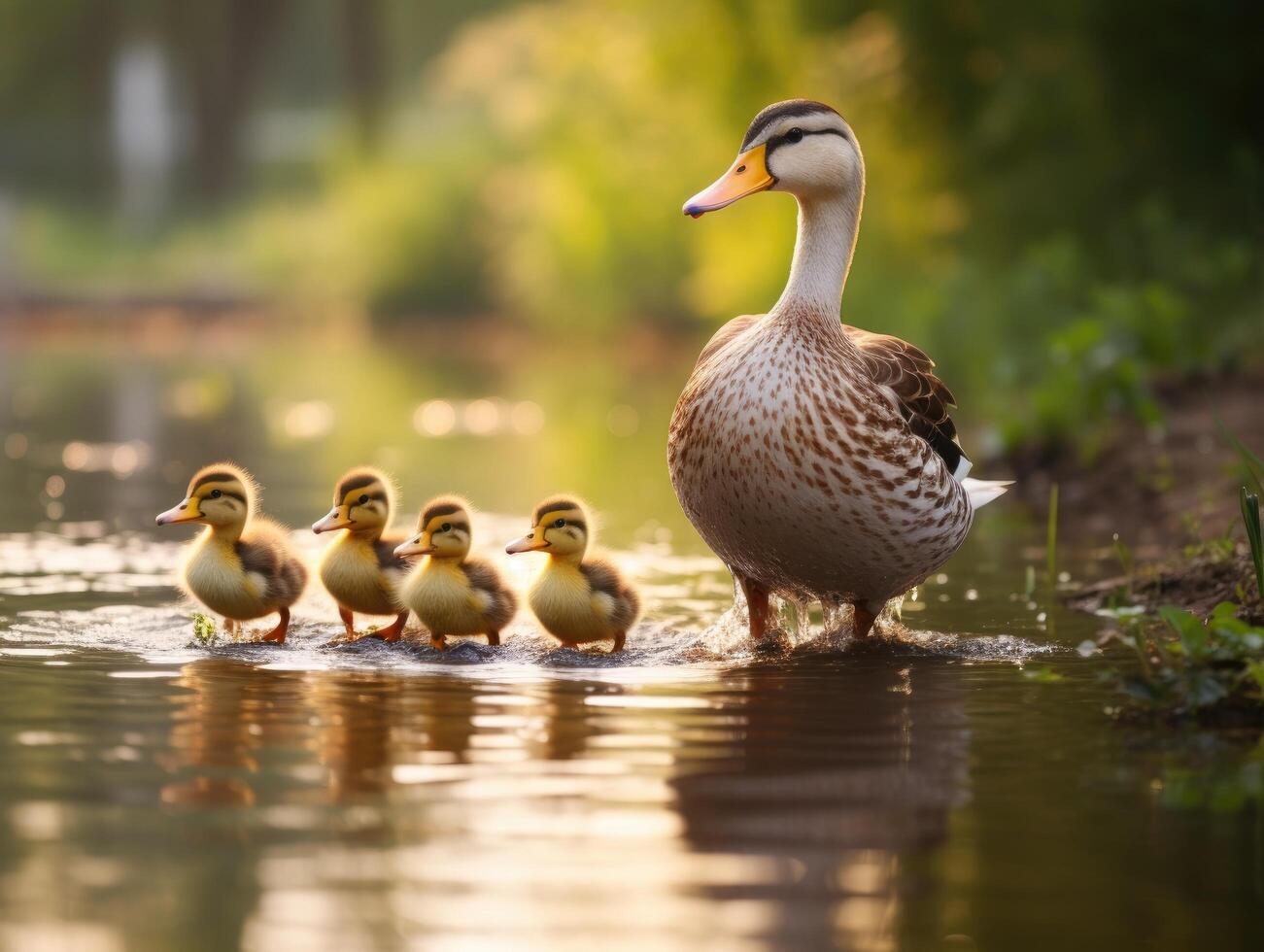 Ducklings Following Mother Duck in Pond photo