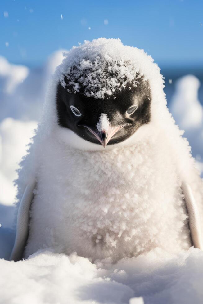 Adorable Penguin Chick Covered in Snow photo