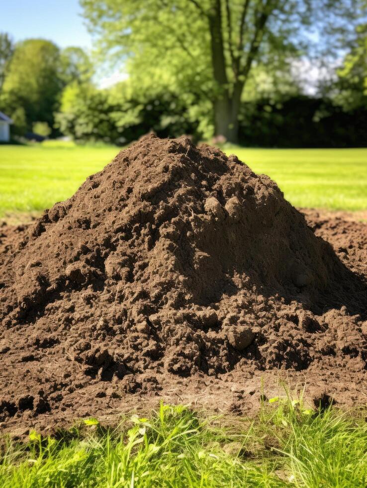 Freshly Tilled Soil in Lush Green Yard photo
