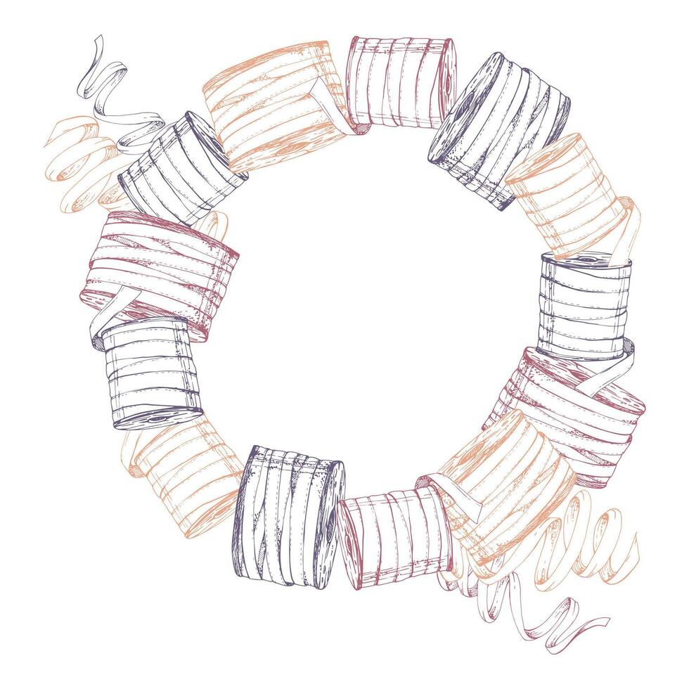 Threads ribbons spools bobbins fabric serpentine. Hand drawn ink illustration sewing embroidery craft supplies. Frame wreath isolated on white background. Design atelier, tailor, hobby shop vector
