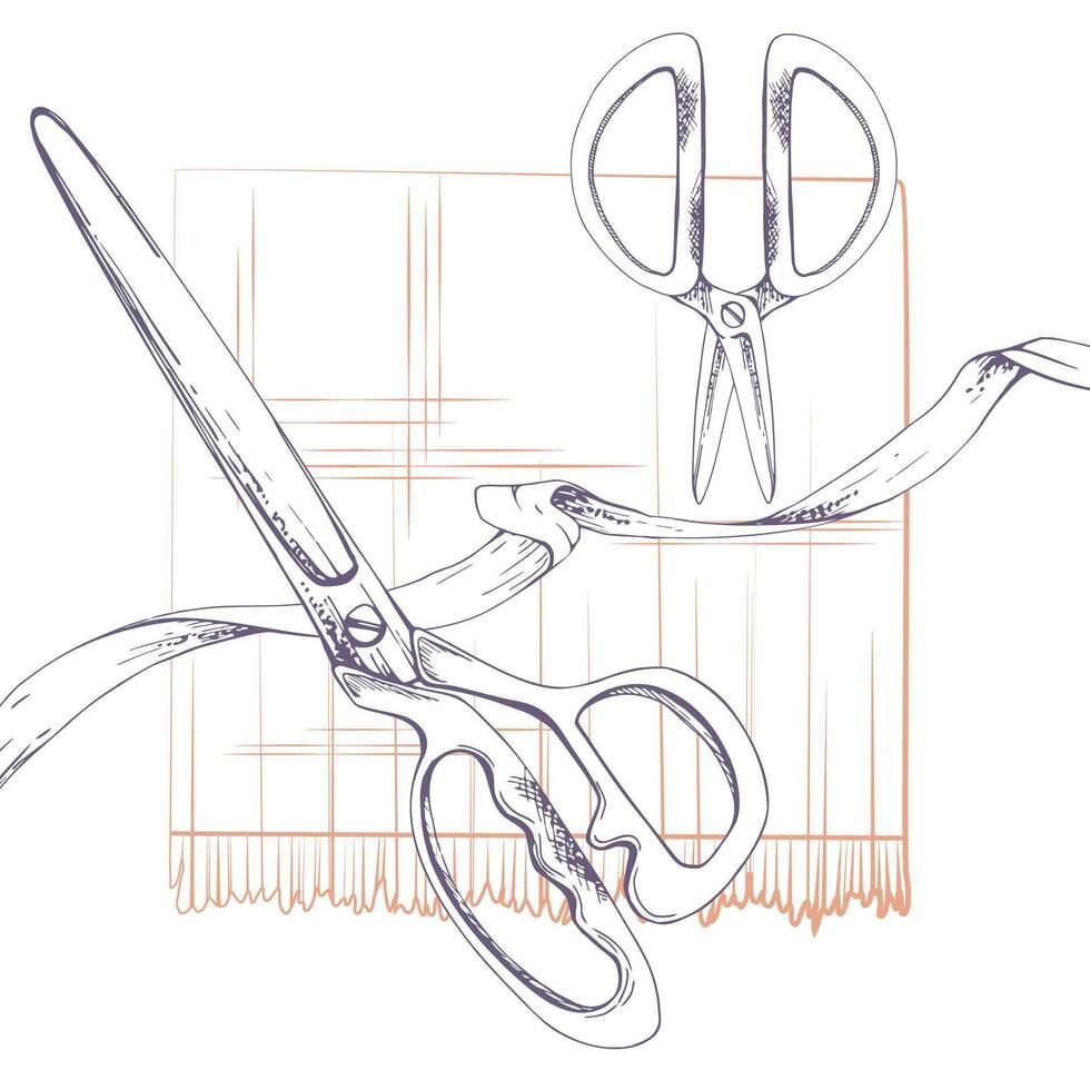 Natural fabric piece with cloth scissors, ribbon. Hand drawn ink illustration sewing craft embroidery supplies. Composition isolated on white background. Design atelier, tailor, hobby shop vector