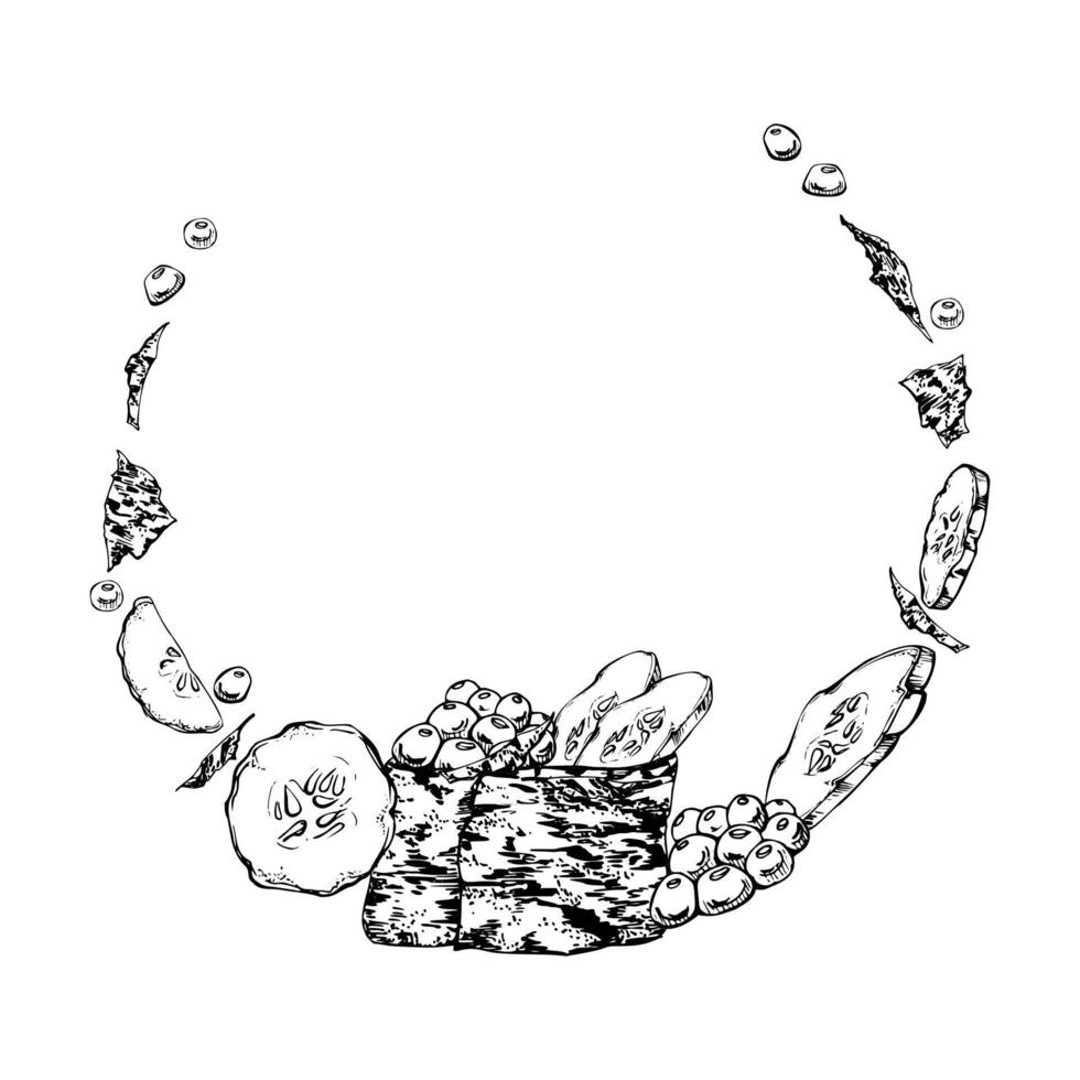 Traditional Japanese food, gunkan sushi with raw fish salmon caviar, rice, cucumber slices, nori flakes, hand drawn in pen and ink. Wreath frame for restaurant, cafe menu, kitchen, recipe book vector