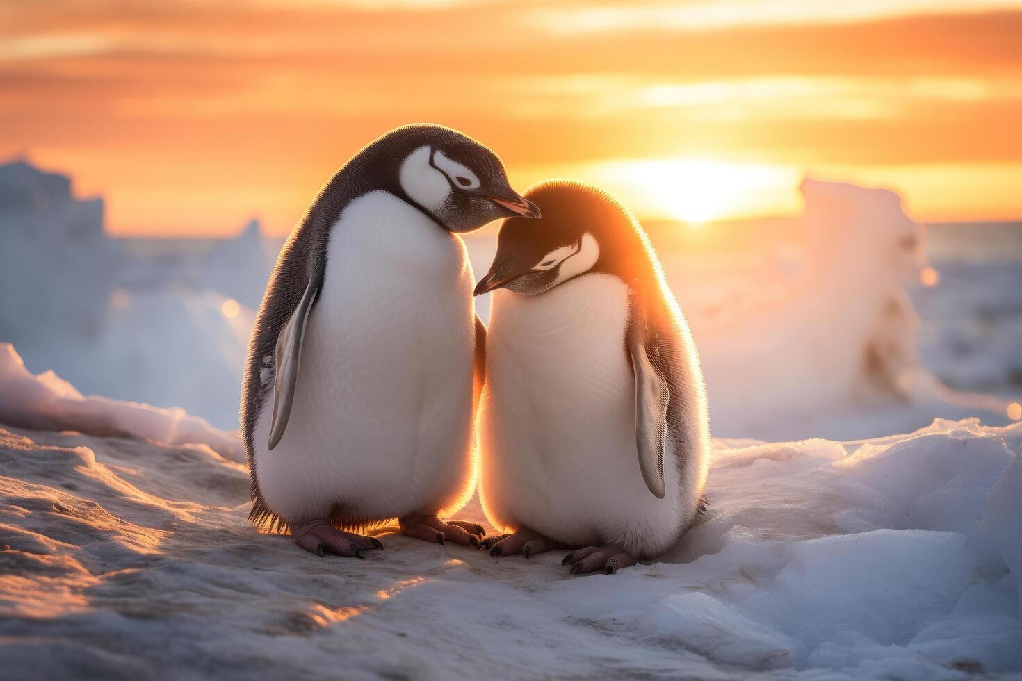 Adorable penguin chicks cuddling at sunset photo