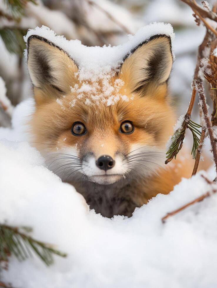 Curious fox peeking through the snow photo