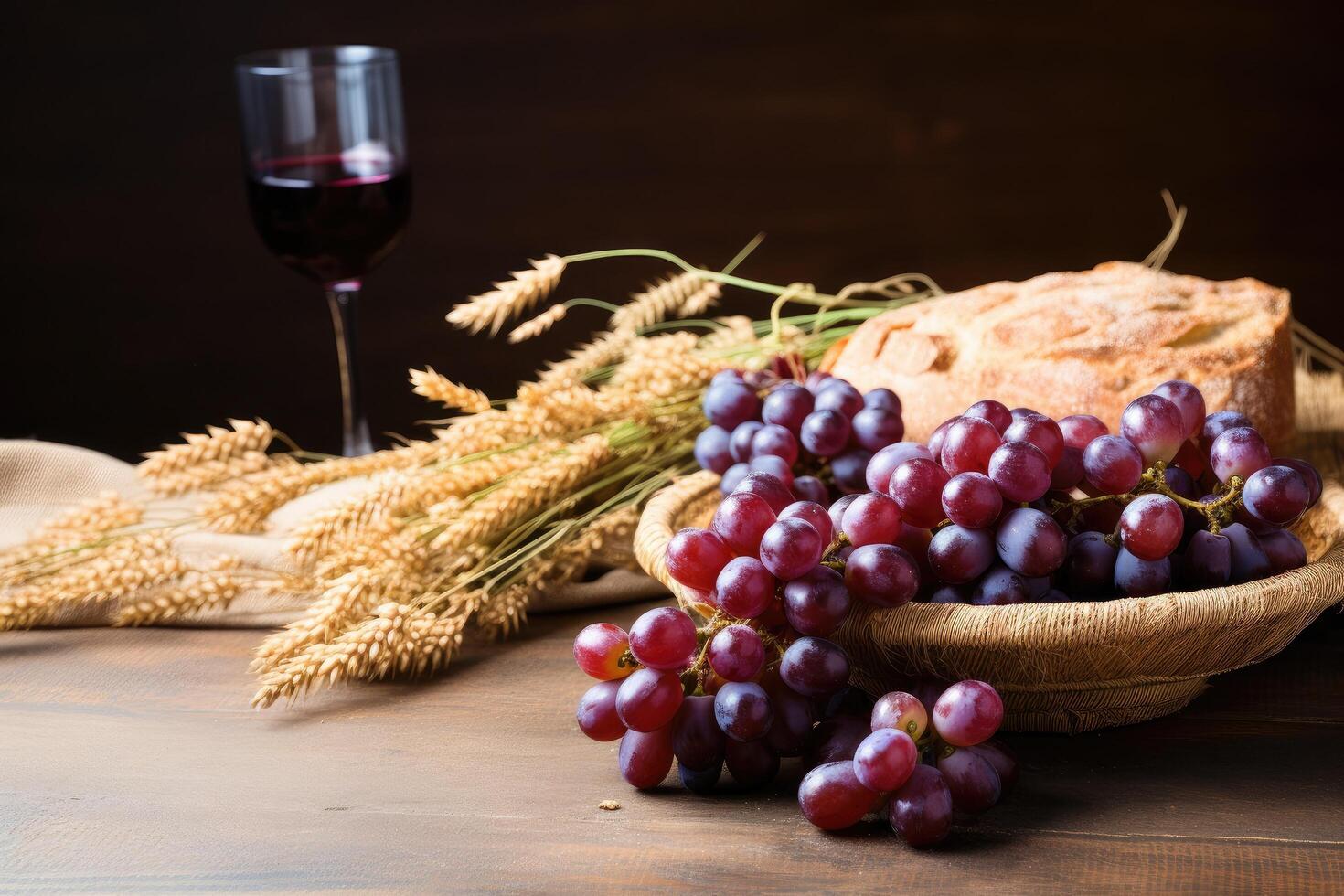 Rustic still life with wine, grapes, and wheat photo