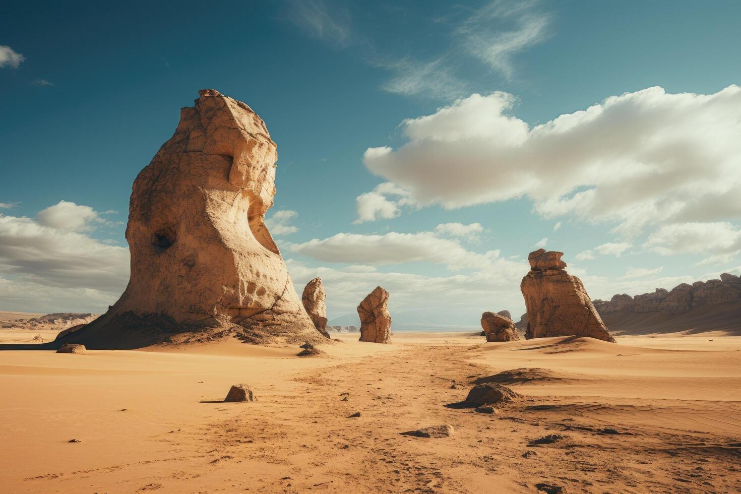 Dramatic desert landscape with towering rock formations photo